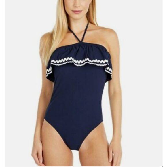 J.Crew Navy Ruffle Bandeau One Piece Swimsuit Blue Women's 4 Halter Strapless - Picture 1 of 6